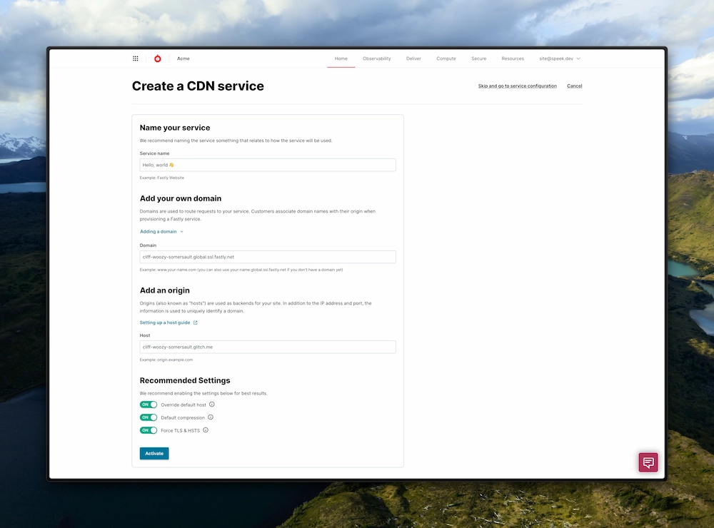 screenshot showing the Fastly CDN service creation